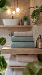 spa bathroom interior with towels and plants on shelves