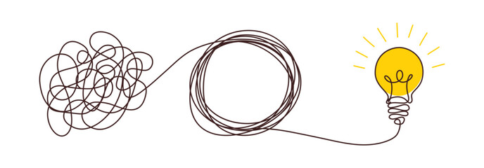 Light bulbs with confused concept of chaos. Complex way from start to idea. Tangle clarity or path in hand drawn style. Vector illustration