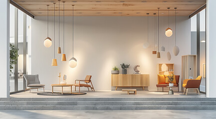 A minimalist trade show booth for a furniture brand, featuring white walls, a concrete floor, and warm, inviting lighting. The booth showcases wooden tables, paired with colorful, designer chairs.