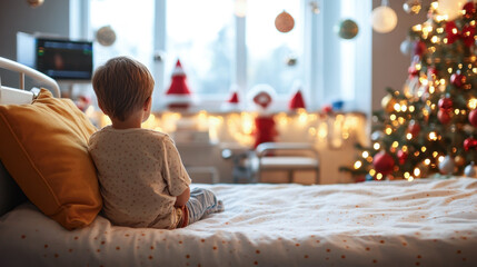 Sick child sitting on hospital bed looking at christmas decorations:
