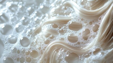 A close-up view of light-colored hair entwined with soft, white bubbles, creating a soothing and textured aesthetic.