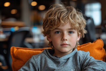 Portrait of a young boy with brown hair and deep blue eyes in a cozy indoor setting