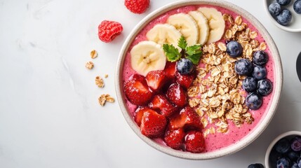 A vibrant photo of a smoothie bowl topped with fresh berries,