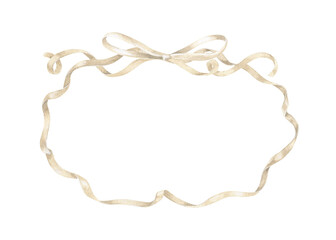 A soft pastel watercolor card design featuring a delicate ribbon and bow in an elegant oval shape. This hand drawn vintage illustration in neutral beige tones, perfect for weddings invitations