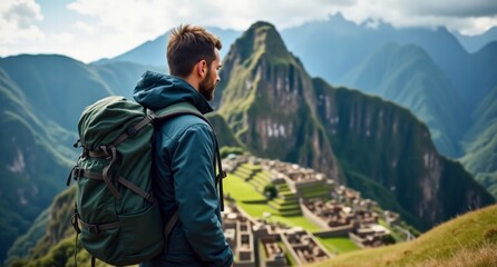 Naklejka premium Trailblazer male hiker exploring Machu Picchu, Peru in cool blues and grays. Realistic with soft edges, 8k Hasselblad X1D capture.