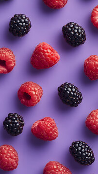 Seamless pattern of raspberries and blackberries on a purple background. Food photography concept.