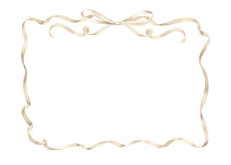 A vintage style watercolor illustration featuring a satin ribbon tied in a bow around an oval frame border. The pastel beige and neutral tones satin wreath for cards. Hand drawn in white background