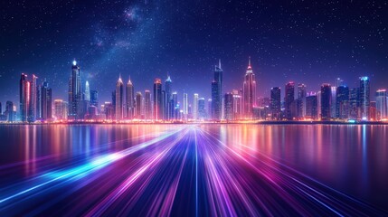 Night city skyline with light streaks.