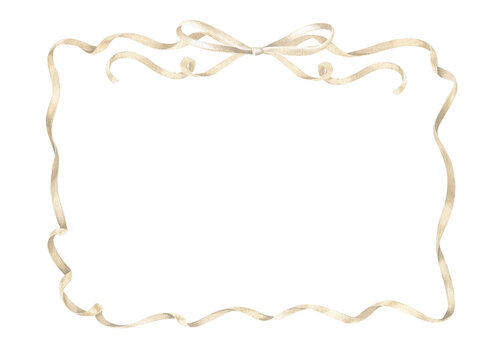 A vintage style watercolor illustration featuring a satin ribbon tied in a bow around an oval frame border. The pastel beige and neutral tones satin wreath for cards. Hand drawn in white background