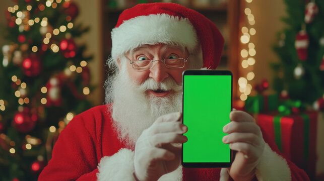 Surprised santa claus showing smartphone with green screen near christmas tree - Powered by Adobe