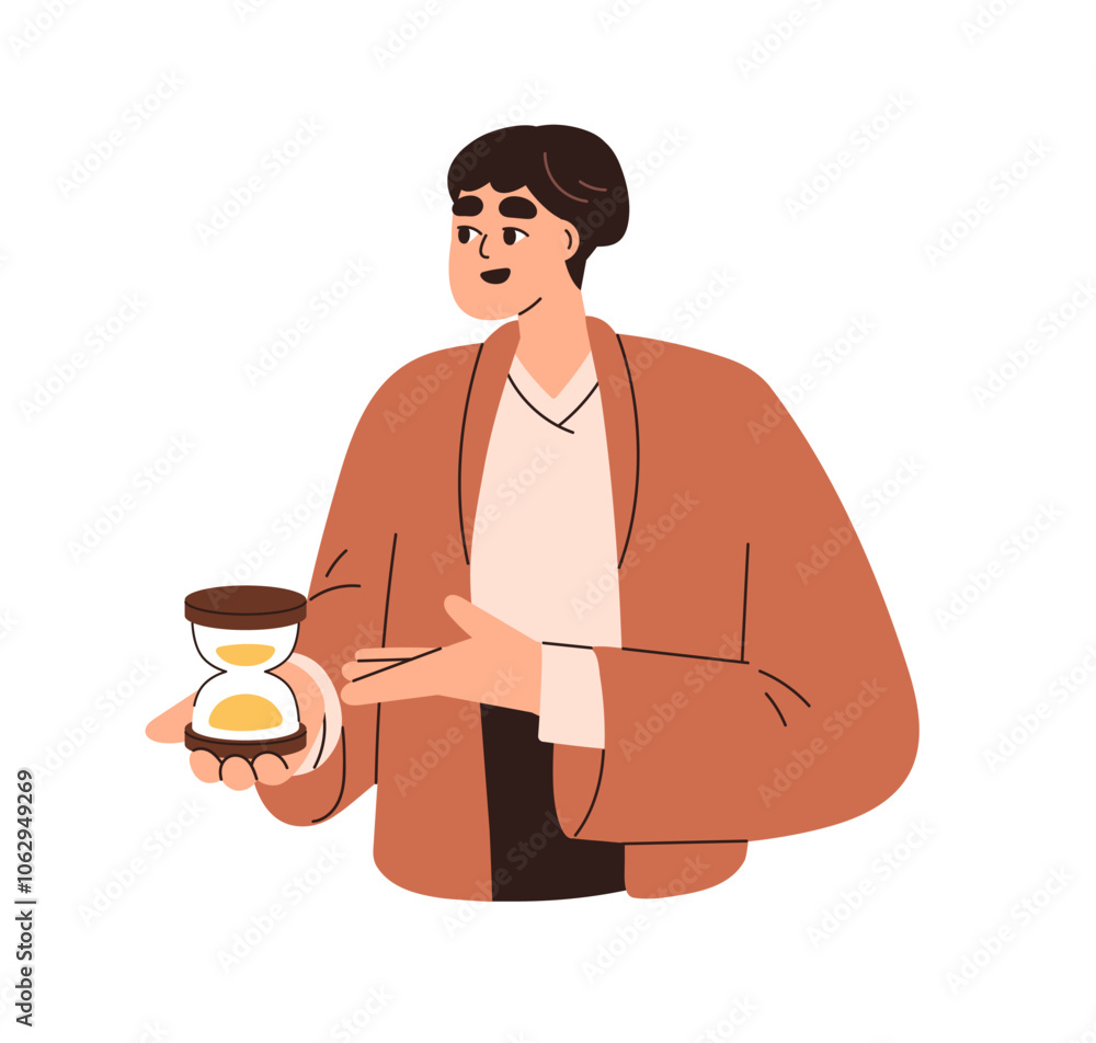 Poster business character holding hourglass. time management and deadline passing, countdown, punctuality c