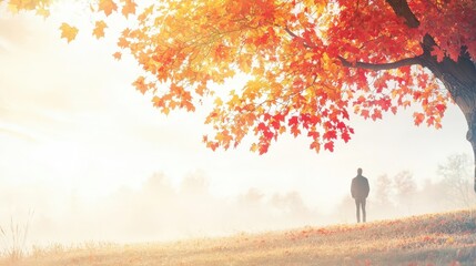 Person standing under a colorful autumn tree in a serene landscape.
