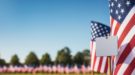 field of American flags under clear blue sky, symbolizing patriotism and unity. vibrant colors and serene atmosphere evoke sense of pride and remembrance