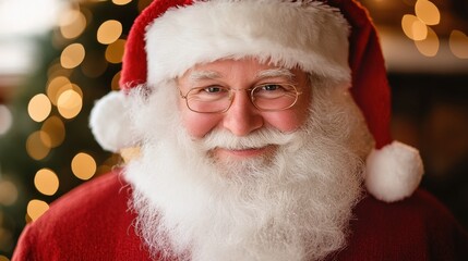 Santa claus smiling and wearing glasses in front of christmas tree lights