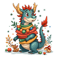 Fototapeta premium A cheerful dragon embraces the joy of the festive season with vibrant decorations, digital illustration of character design concept.