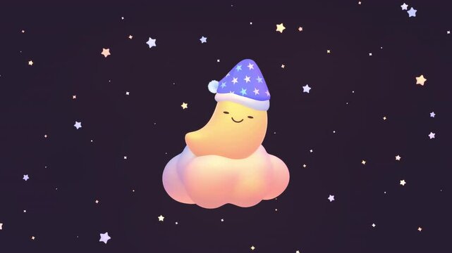 Looped cartoon moon with nightcap sleeping on a cloud at night animation. 