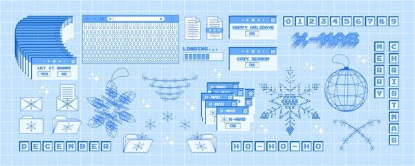 Big set of x-mas stickers in trendy y2k style. Old computer aesthetics of 90s, 00s. Retro PC elements, user interface. Vector illustration