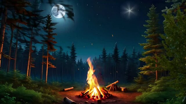 Warm campfire in a tranquil forest by the lake, perfect for nature lovers and outdoor adventures

