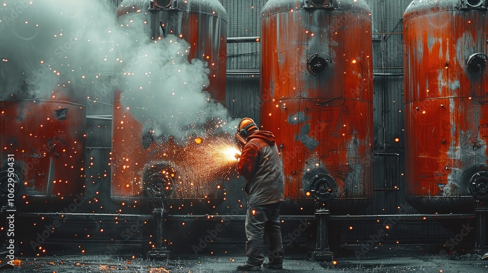Poster a worker using an angle grinder grinding against large rusty red tanks on a wall in a disused factor