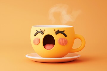 Detailed 3D icon of a yawning face in kawaii design with a charming coffee cup.