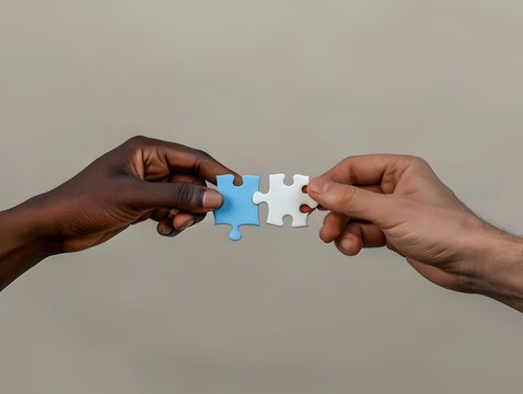 Two hands, one Black and one white, connect two puzzle pieces, one blue and one white, symbolizing unity and collaboration.