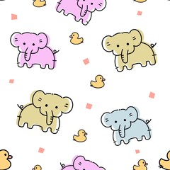 Cartoons of small and large elephants in alternating rows colorful fresh colors any yellow duck cartoon triangles decorated as a background seamless stripes gifts fashion children's clothing