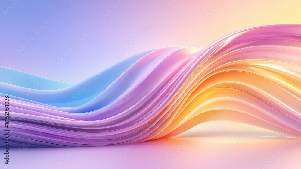 Poster flowing rainbow stripes with smooth curves and soft transitions, forming a bright and dynamic backgr