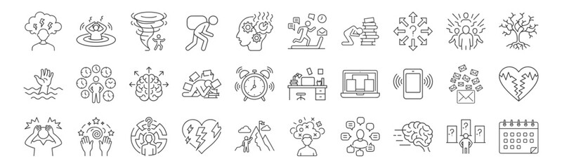 Overwhelmed, Stressful Situations line icon set. Vector pictograms of Mental strain, confusion, emotional pressure, anxiety, digital distraction, multitasking thin linear illustration.