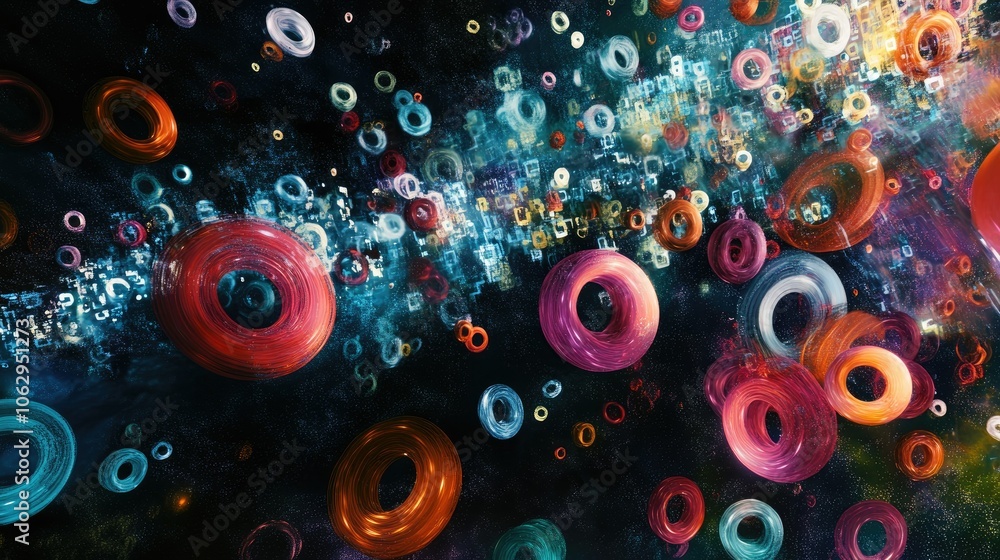 Poster vibrant abstract patterns and shapes in digital space