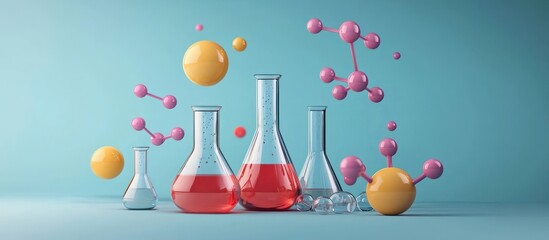 Three-dimensional icon of chemistry lab tools, including beakers and molecules.