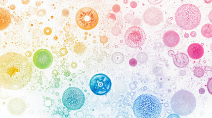 Colorful microscopic bubbles and spheres create vibrant abstract background, showcasing blend of textures and hues. This captures beauty of microscopic structures