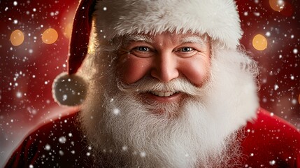 Santa Claus smiles warmly with snow falling around him.