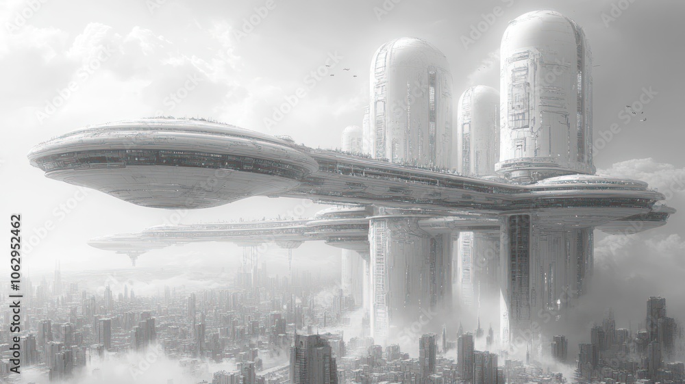 Poster futuristic cityscape with floating structures and clouds.