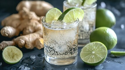 Fototapeta premium A refreshing low-sugar ginger and lime soda, naturally flavored with a touch of fresh ginger and sparkling water, offering a zesty, fizzy alternative to sugary soft drinks