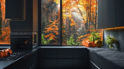 Black kitchen design in autumn jungle.