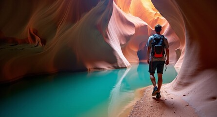 Naklejka premium Sexy model girl hiking by Bora Bora, French Polynesia in muted olives and khakis, overlooking tropical scenery. Stunning 8k Hasselblad X1D shot.