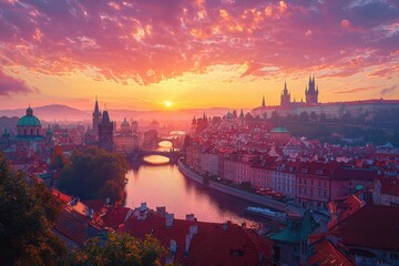 Obraz premium City skyline at sunset with river view