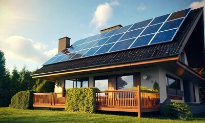 Modern house with solar panels under a bright blue sky