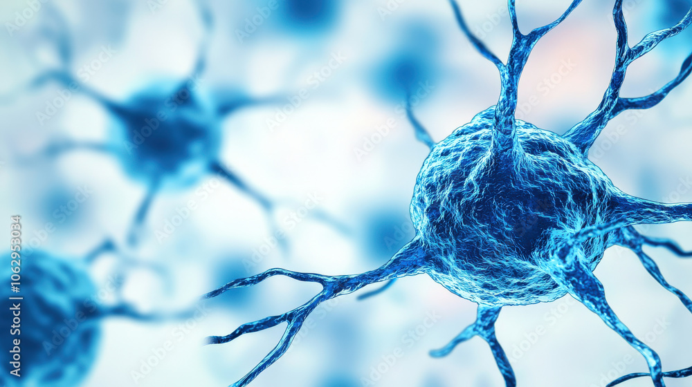 Poster close up of blue neurons on soft background, showcasing intricate details and connections, represent