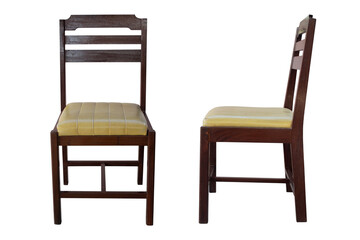 Old wooden chair isolated on white background, front view, side view