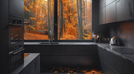 Black kitchen design in autumn jungle.