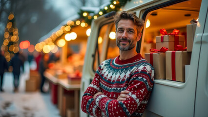 Obraz premium Man smiling beside a van at a Christmas market filled with festive decorations