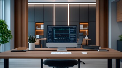 Fototapeta premium A modern office setup featuring a sleek desk, computer, and plants, designed for productivity in a stylish environment.