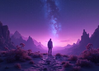 Fototapeta premium Man gazing at starry night sky in majestic mountain landscape