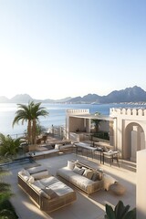 Fototapeta premium Modern Patio with Ocean View and Lounging Furniture