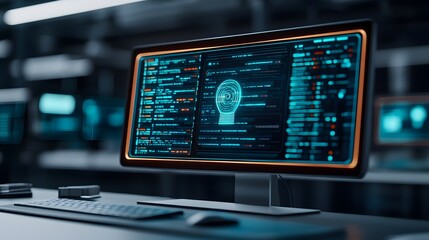 Obraz premium A sleek computer screen displays futuristic code and a digital face, highlighting themes of AI, technology, and advanced computing.