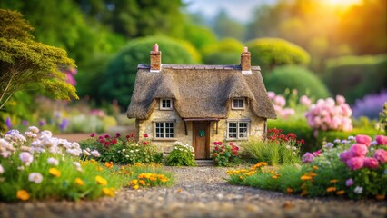 Countryside miniature cottage with thatched roof and flower garden