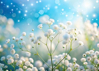 Field of White Baby's Breath Under Blue Sky with Bokeh Effect, Dreamy Floral Background, Nature Beauty, Serenity, and Tranquility, Perfect for Spring and Summer Themes