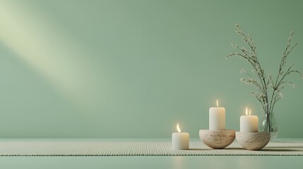 Three burning candles on wooden bowls with a vase of branches on a green background.
