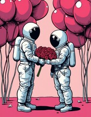 Romantic astronauts with roses surrounded by pink balloons in space